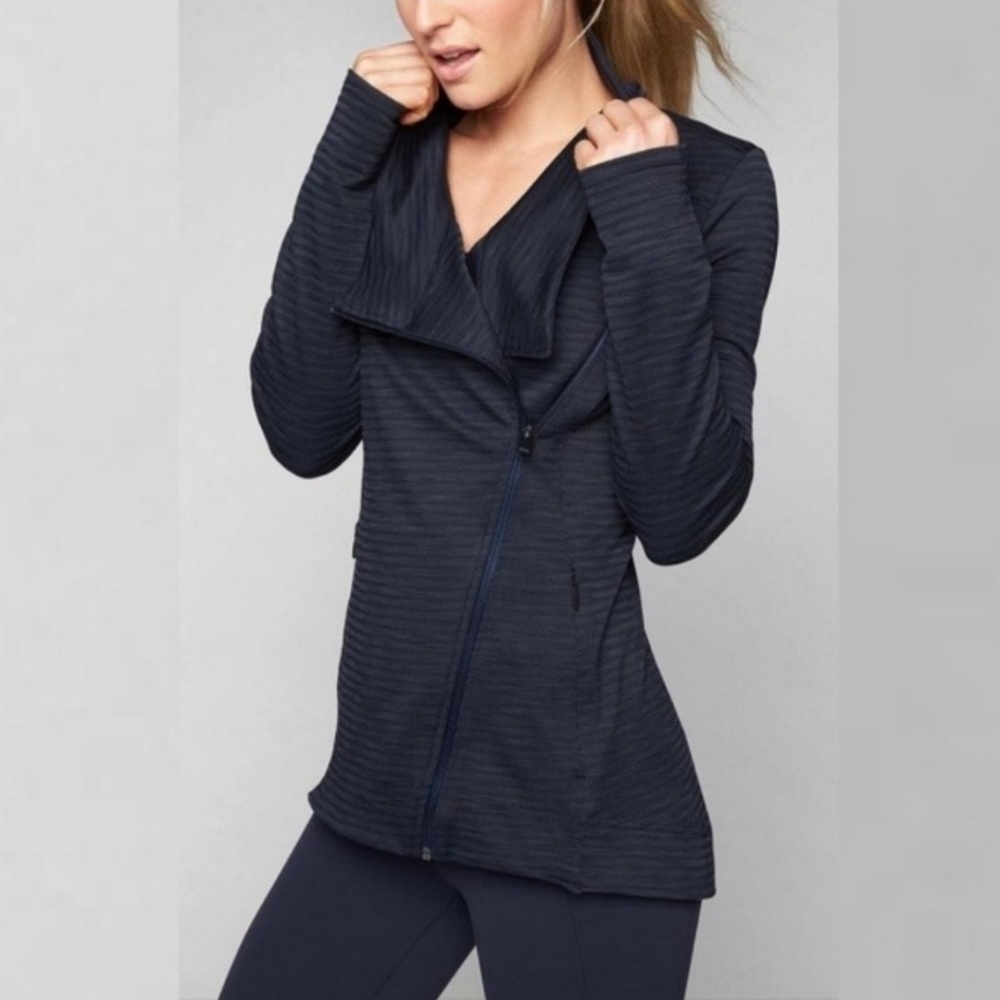 EUC Athleta Jacquard Intention Asymmetrical Zip Jacket navy Small